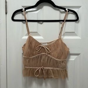 Vici Beige Ruched Mesh Cropped Cami Top
